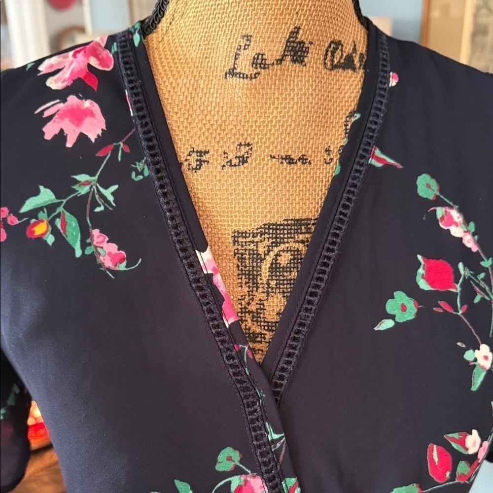 Sienna Sky Navy Blue Multicolored Floral Print Faux Wrap Top - Picture 2 of 11